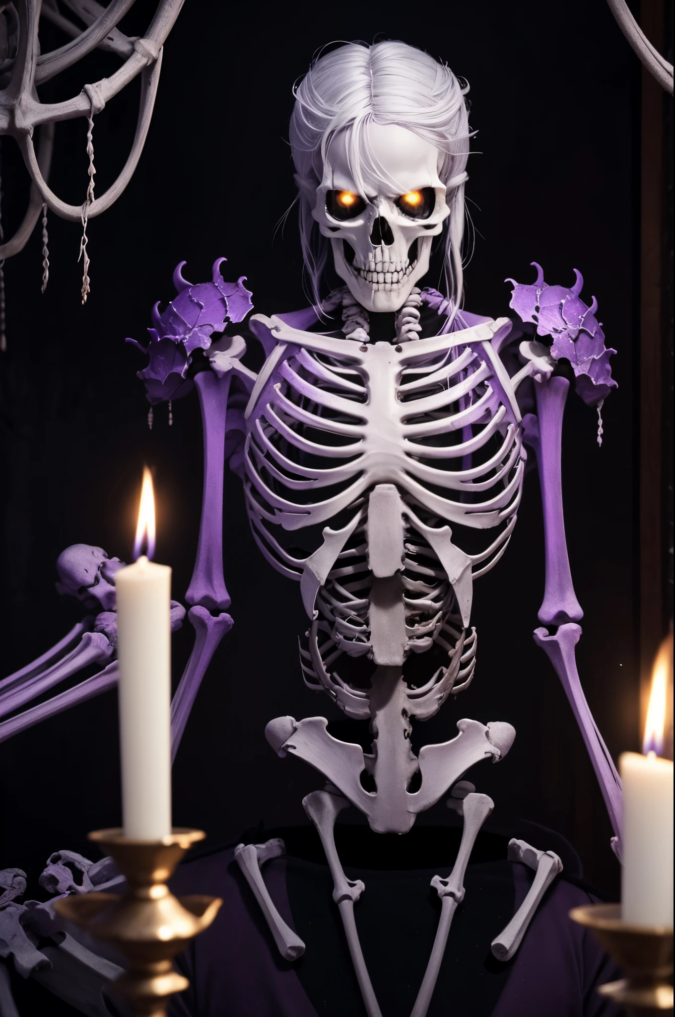 8K、There&#39;s a skeleton in tattered armor in a dimly lit room。(​masterpiece)With a sword and shield、emits purple smoke from its body,frightening look、devil&#39;s skeleton(exact details of the skeleton)A space full of madness,There are many lit candles on the wall(Fire effect)There is a broken fireplace in a dimly lit room.,超A high resolution、super precision、A hyper-realistic、