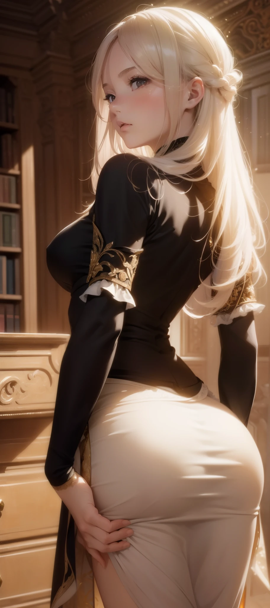 (1girl:1.3), (photorealistic:1.4), (masterpiece, top quality, best quality, official art), extreme detailed, highest detailed, (ultra-detailed), ((an extremely delicate and beautiful)), cinematic light, contemporary, silky long hair, she standing at the library, in evening, shirt, long skirt, butt crack, upper body, from above, shy, blush, (looking back:1.4),