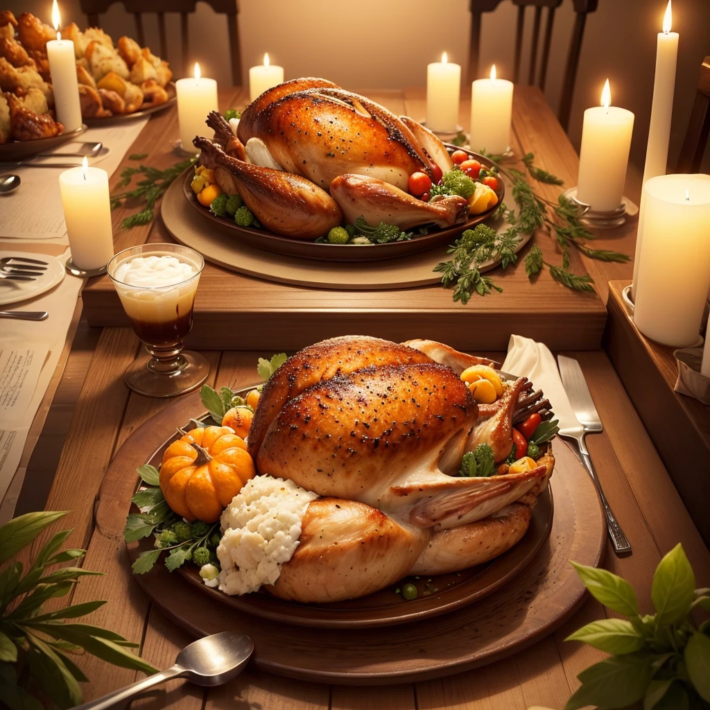 (Best quality at best，A high resolution， ultra - detailed，actual:1.37)，a thanksgiving meal，Thanksgiving turkey，festive atmosphere，herbs and spices，Crispy，The meat is tender and juicy，traditional holiday feast，Rich side dishes， soft and warm lighting