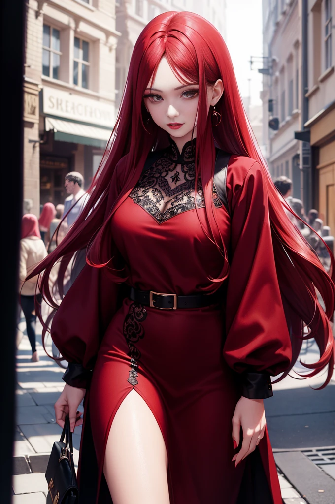 photograph, Professional Full Body, (detailed faces and eyes:1.4), women's pictures, makeup, earrings, Dark lipstick, Parted lips, Sharp Focus, Insanely sharp details, Extremely detailed, 4K HQ, 8K, depth of fields, F/1.2, Leica, 8K HDR, High contrast, Advanced retouching, shadowy, Bokeh, awardwinning photo, Best Photographers、Woman with straight long hair and red lipstick, ekaterina, 30 year old female,Red-haired、Medieval red color dress、