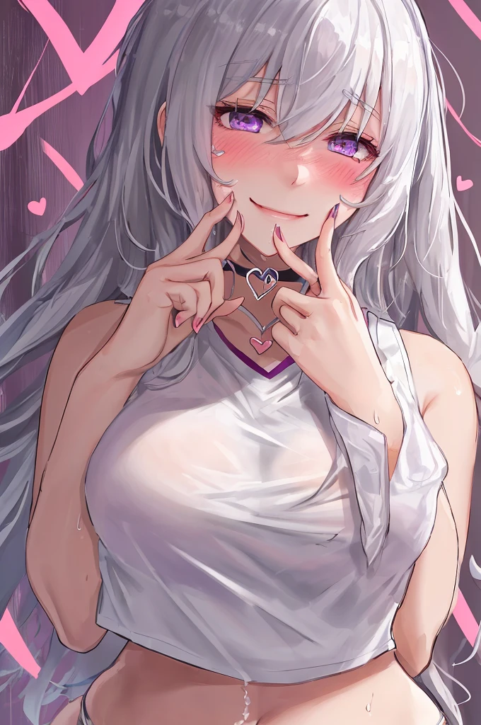 1girl in,Heart-shaped pupil,Fingernails,hands on own face,White hair,Purple eyes,(blush:1.1),Choker,Upper body,trembling,Sweat,sweat drop,heart mark,(SPEEDLINE:1.1),medium breasts, ((Heavy breathing:1.3)), koi, heart mark, croptop, Happy, Smile