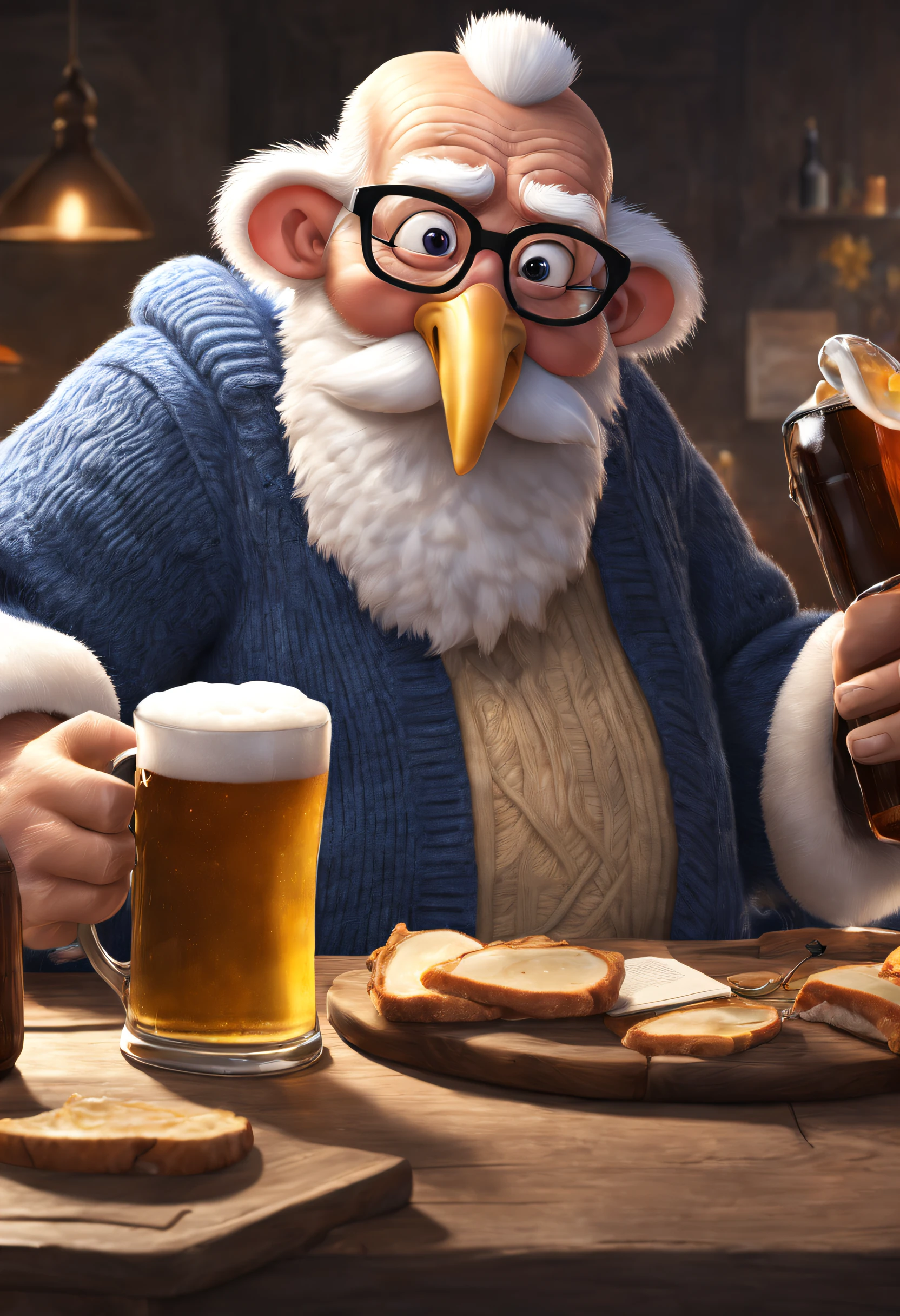 Turkey grandpa in blue sweater is drinking beer,reading glasses,Foam rising from beer glass,,3 Rendering, Focus sharp, ultra-realistic realism, Fluffy, fantasy engine, 5 quality rendering, 3 Rendering, furry art,Brand advertising, Creative poster,Produced by Pixar,