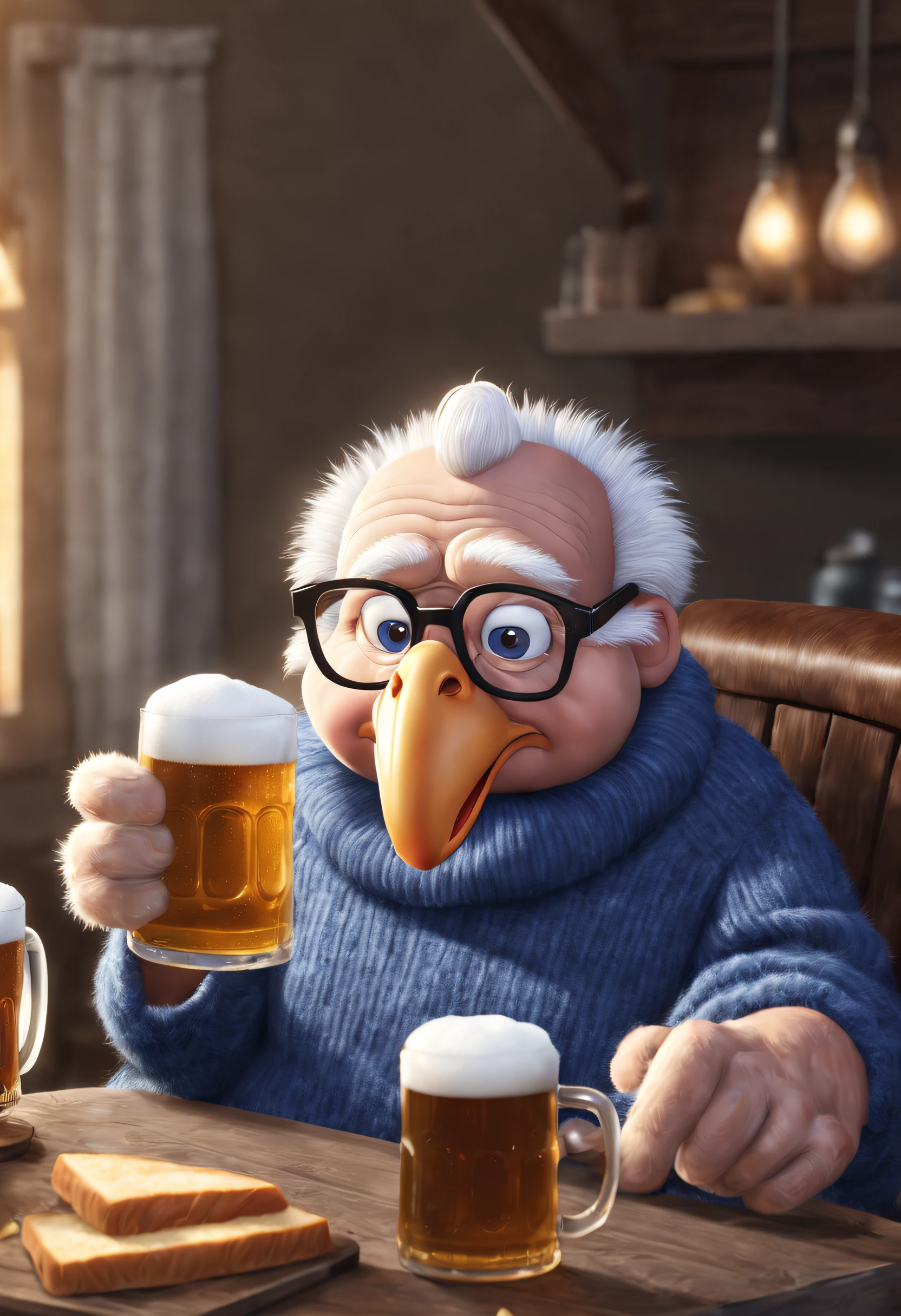 Cute white grandpa turkey in blue sweater is drinking beer，Foam rising from a beer mug，Wearing reading glasses，3Drenderingof, Focus sharp, ultra-realistic realism, Fluffy, fantasy engine, 5 quality rendering, 3 Rendering, furry art,Brand advertising, Creative poster,Produced by Pixar，