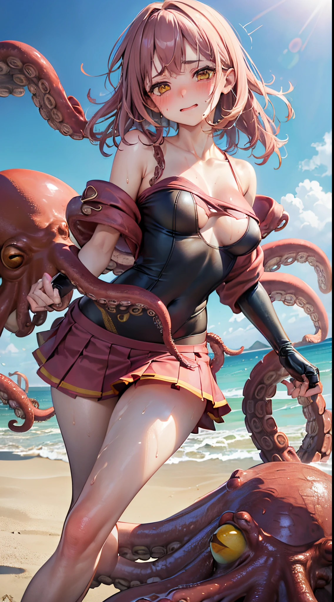 One lady,12year old,(() ,(((blushed face))), ((Octopus tentacles)), (((octopus)))((I'm opening my mouth)),((a miniskirt, body suit))(Happy Ahe Face),Wet with sweat,(A dark-haired,),((sand beach,,))((Clothes are torn))