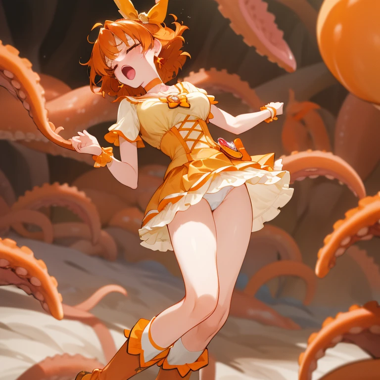 precure, one side up, short hair, hair ribbon, frills, short sleeves, wrist cuffs, orange choker, orange boots, yellow skirt, solo, perfect anatomy, masterpiece, best quality, highres, big breast, :o, screaming, outdoor, scenery, closed eyes, tottering, torn clothes, exposed white underwear, headback, tentacles