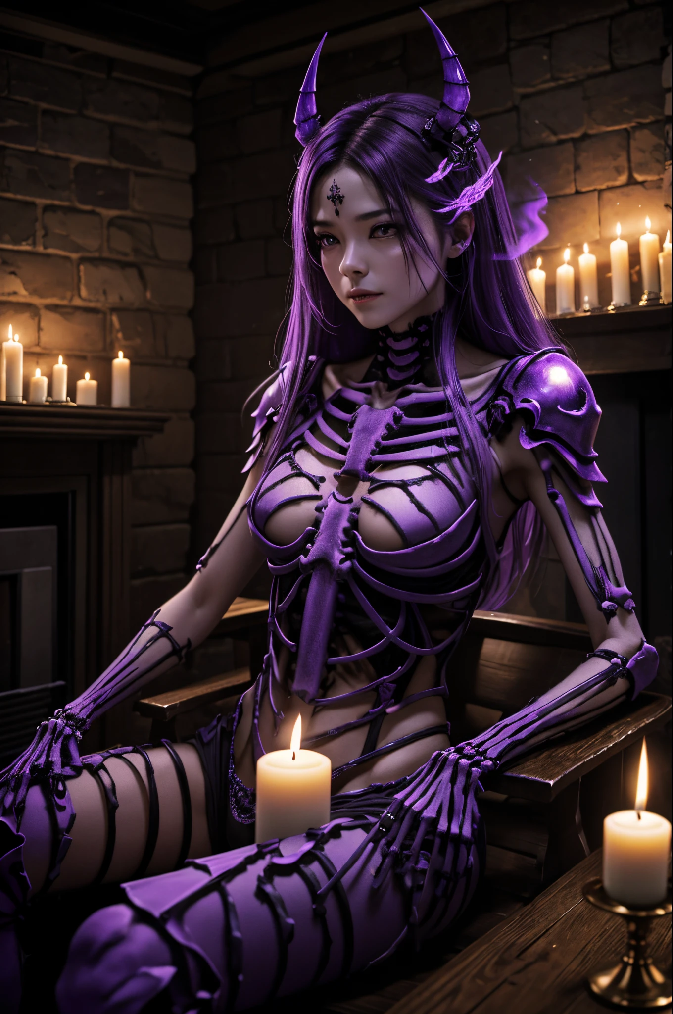 8K、There&#39;s a female skeleton wearing tattered armor in a dimly lit room(​masterpiece)emits purple smoke from its body(purple glowing effect)frightening look、devil&#39;s skeleton(exact details of the skeleton)A space full of madness,There are many lit candles on the wall(Fire effect)There is a broken fireplace in a dimly lit room.,超A high resolution、super precision、A hyper-realistic、