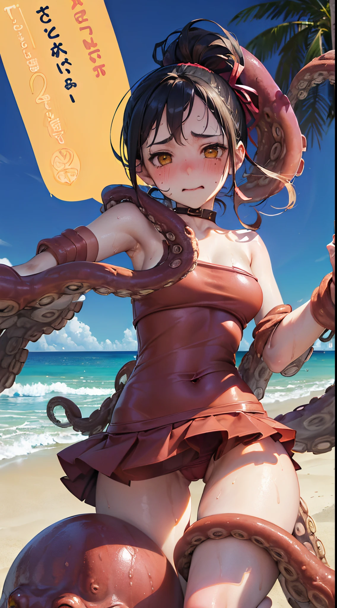 One lady,ar old, ,(((blushed face))), ((Octopus tentacles)), (((octopus)))((I'm opening my mouth)),((a miniskirt, body suit))(Happy Ahe Face),Wet with sweat,(A dark-haired,),((sand beach,,))((Clothes are torn))