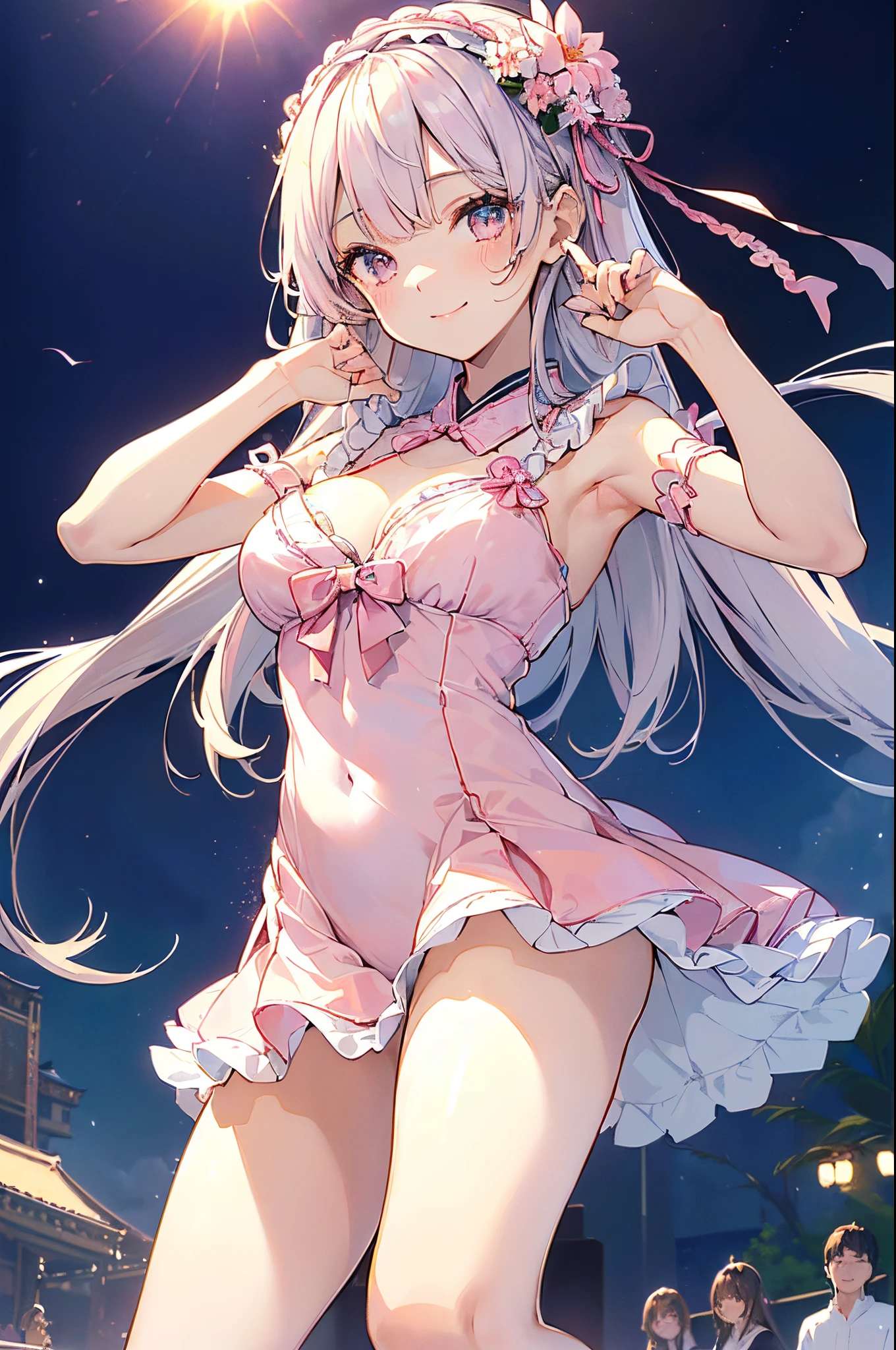 ((2D beautiful girl、top-quality:1.3、Perfect fingers:1.2、perfect anatomia:1.2、Dress perfectly、face perfect:1.1、Beautiful illustration))、(transform sequence)、((cute decorative headbands、White and pink Japanese idol costume style leotard)、14years、Solio、hime、Fractal Art、baby-face、((stright long hair))、(Slender and beautiful legs)、big drooping eyes、(full body photographed:1.1、Long Shot Photography)、((1 persons))、suns、outdoor stage under blue sky、Happy smiling face、highleg