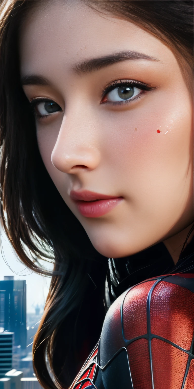 (1girl:1.3), Solo, (((Very detailed face)))), ((Very detailed eyes and face)))), Beautiful detail eyes, Body parts__, Official art, Unified 8k wallpaper, Super detailed, beautiful and beautiful, beautiful, masterpiece, best quality, original, masterpiece, super fine photo, best quality, super high resolution, realistic realism, sunlight, full body portrait, amazing beauty, dynamic pose, delicate face, vibrant eyes, (from the front), She wears Spider-Man suit, red and black color scheme, spider, very detailed city roof background, rooftop, overlooking the city, detailed face, detailed complex busy background, messy, gorgeous, milky white, highly detailed skin, realistic skin details, visible pores, clear focus, volumetric fog, 8k uhd, DSLR, high quality, film grain, fair skin, photo realism, lomography, futuristic dystopian megalopolis, translucent