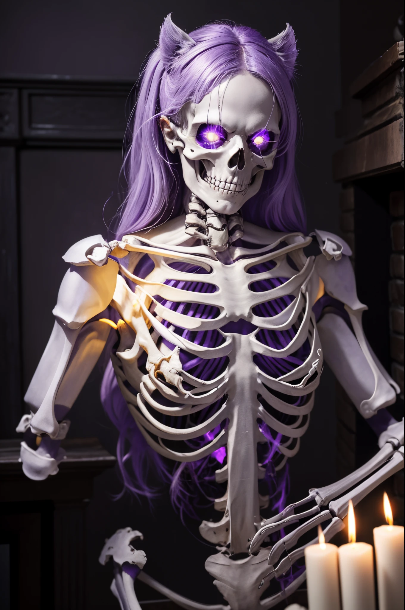 8K、There's a female skeleton wearing tattered armor in a dimly lit room(masterpiece)emits purple smoke from its body(purple glowing effect)horrifying expression of white hair、devil's skeleton(exact details of the skeleton)A space full of madness,There are many lit candles on the wall(Fire effect)There is a broken fireplace in a dimly lit room.,超A high resolution、super precision、A hyper-realistic、skeleton of one arm,