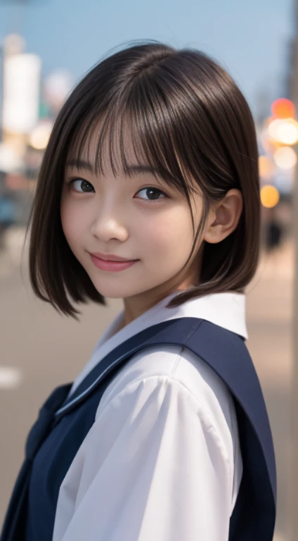 masutepiece, Best Quality, 8K, , Teen, Raw ph absurderes, award winning portrait, Smile, Smile, Solo, Night, neons, Idol face, violaceaess, gardeniass, Delicate girl, Upper body, Digital SLR, Looking at Viewer, Candid, Sophisticated, Thin arms, Professional Lighting, Film grain, chromatic abberation, (Eyes and faces with detailed:1.0), (Bokeh:1.1) , Sailor Uniform , closes mouth