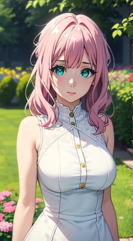 Very Cute girl,big sized boobs,half naked ,ultra realistic eyes, sleeveless white night dress,garden outside, pink colour hair,bright green eyes, ultra realistic detailed eyes, innocent eyes, looking at camera,long pink hair,