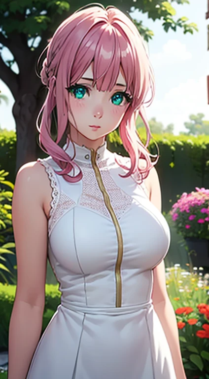 Very Cute girl,big sized boobs,half naked ,ultra realistic eyes, sleeveless white night dress,garden outside, pink colour hair,bright green eyes, ultra realistic detailed eyes, innocent eyes, looking at camera,long pink hair,