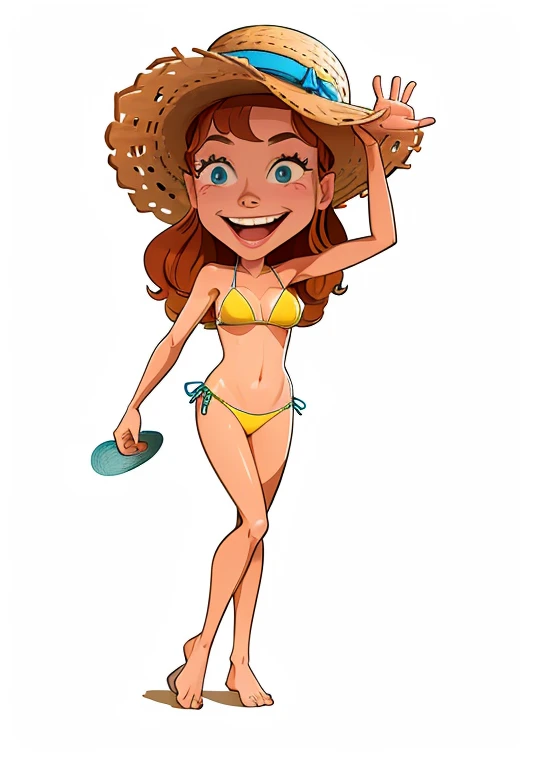 cartoon girl in bikini and hat waving, character is in her natural pose, is wearing a swimsuit, caracter with brown hat, roupa de banho: sbikini, with straw hat, character with a hat, She is wearing a hat, Sunbathing. illustration, wearing a bikini, wearing straw hat, wearing wide sunhat, cartoon illustration, wearing huge straw hat