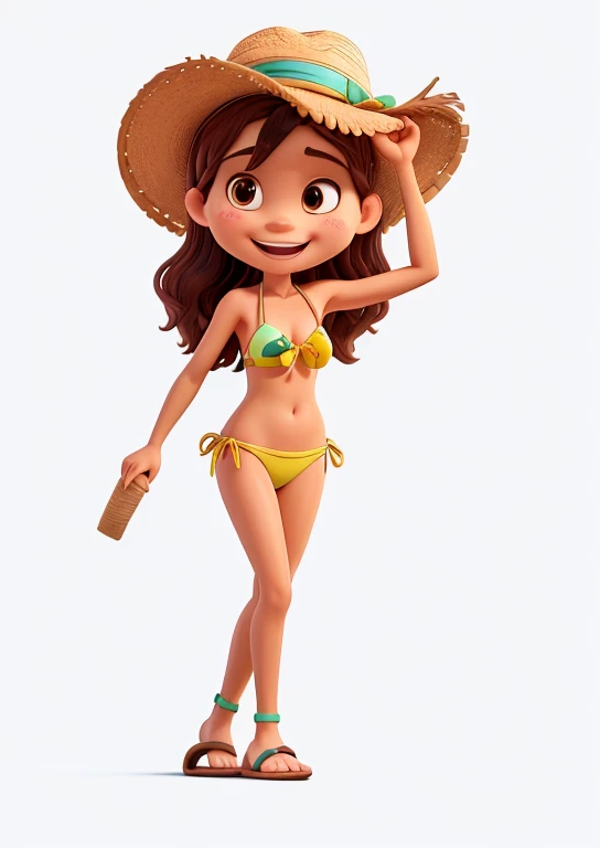 A humorous image of a woman with a grumpy expression wearing clothes reminiscent of the 1950s, but with a bikini over her outfit.. with a completely white background