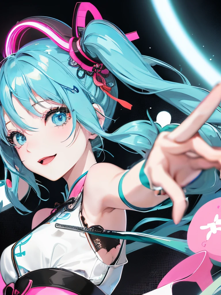 1 girl in、miku hatsune、blue hairs、length hair、up hair、chinese clothes、Lolita Fashion、Smile、neon signs、Singing Girl、Wink