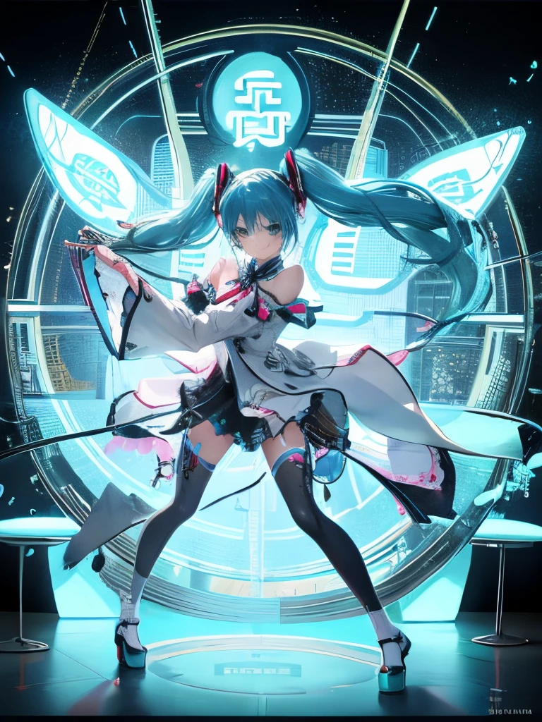 1 girl in、miku hatsune、blue hairs、length hair、up hair、chinese clothes、ta Fashion、Smile、neon signs、Singing Girl、Wink