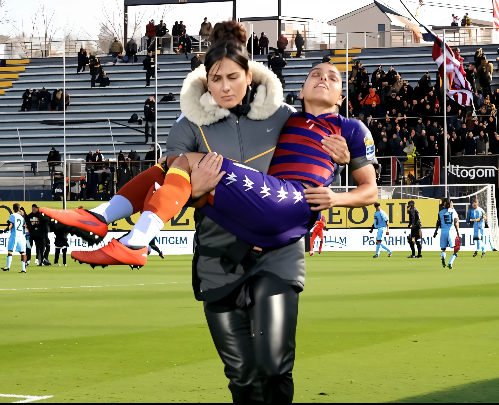 a consciousless athlete in matte red sportswear, a shorthaired fainted man in matte red shorts and shirt, a fainted man is hanging in the arms of a horny policewoman, a ponytailed policewoman with lots of makeup in a black leather uniform, shiny wet leather trousers, a longhaired pretty policewoman with smokey eyes, a attractive madeup policewoman in shiny leather with lipstick, a policewoman is carrying a male athlete, a matte clothed injured sportsman, a shorthaired athlete with cotton shorts and t-shirt, a shorthaired bearded sportsman needs to be carried while wearing matte cotton clothes, there is a leather-clad policewoman holding an injured male athlete in a field with a soccer ball, realistic scene, on a soccer field, photoshopped, realistic shot, funny professional photo, imgur, photobashing, alexandra fomina, realistic photo shoot, soccer, photo manipulation, portrait shot