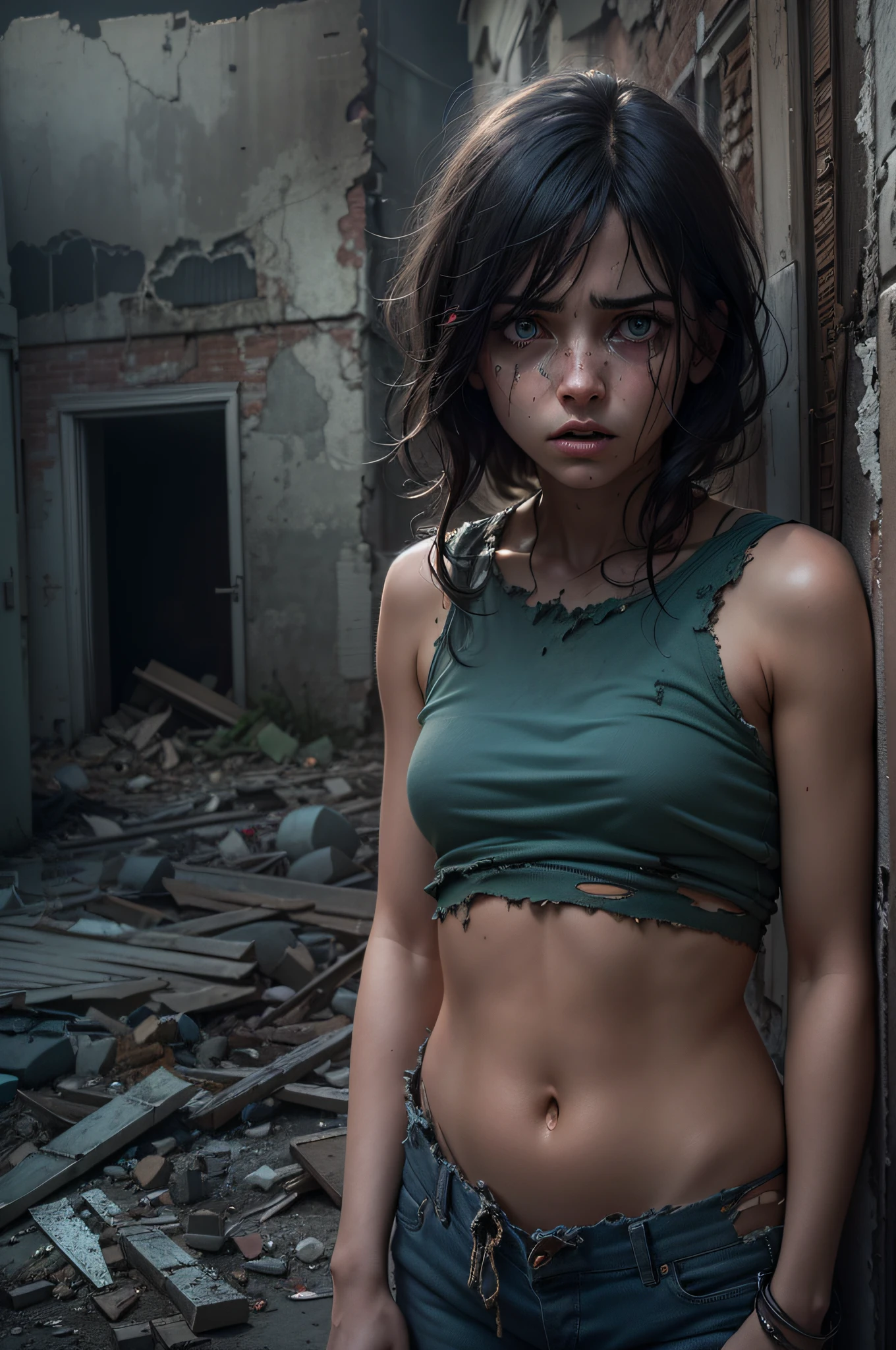 (Best Quality,4k,8K,hight resolution,Masterpiece:1.2),Ultra-detailed,(Realistic,Photorealistic,photo-realistic:1.37),worried beautiful lonely girl,terrific,distressed,red-black-blue palette, disturbing,destruction,degeneration,catastrophe,Dark atmosphere,Dark landscapes,ominous clouds,Desert ruins,dilapidated buildings,dystopian cityscapes,Abandoned streets,Collapsing structures,Broken glass,Broken items,Ghostly Shadows,Unsettling Darkness, strong emotions and facial expressions,water eyes,trembling lips,frightened look,hunched posture,,,,disheveled hair,torn clothing,expressions of despair,feelings of isolation and hopelessness,emphasizing the girl'vulnerability and emotional turmoil,Ominous lighting,sharp contrasts between light and dark,deep-shadows,subtle highlights,Eerie glow,creepy ambiance,Premonition of mood,feeling of impending doom,Flickering Street Lights,Illuminated signs,Night landscapes,The Mysterious Fog,image, uneven lighting,creating feelings of anxiety and tension.