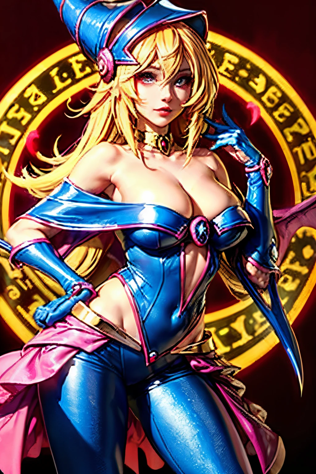 Hermosa maga oscura (obra maestra: 1.2, La mejor calidad), (1 , solamente), grandes senos, (Dynamic posture), (piel brillante, crimson red skin), crimson red skin, Dark Magician Girl Demon Version Sezy, Guantes finos y de encaje, ( cola :1.1), (Lilith \(Darkstalkers\)), (cielo), fleco, (jewely, Adorno dorado:1.15 ), pelvis grande, azul (pantys:1.1) Dark Magician Girl Sexy Demon Version. Magic circle and magic hearts. Magical hearts. Pose sejustiva y sensual