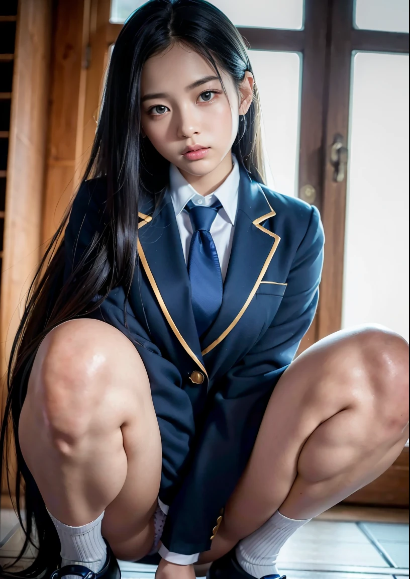 Dark blue high socks　majicMIX Real、(Raw photography:1.2)、(Photorealsitic:1.4)、The beauty of beautiful details　and delicate facial expressions、a blond、((Panties are visible))(Squatting panty shots)piercings　Lashes　beatiful detailed eyes、huge filesize、ultra-detailliert、hight resolution、Transcendent beauty　top-quality、​masterpiece、、(Japanese girls' high school uniform))、Very detailed expression　 Magnificent、finely detail、Highly detailed face movie lighting、 girl、front facing、((dynamicposes)))、(Sitting on legs with bent knees))、pleatedskirt、blazers、Sexy upper eyes, Angle from below、