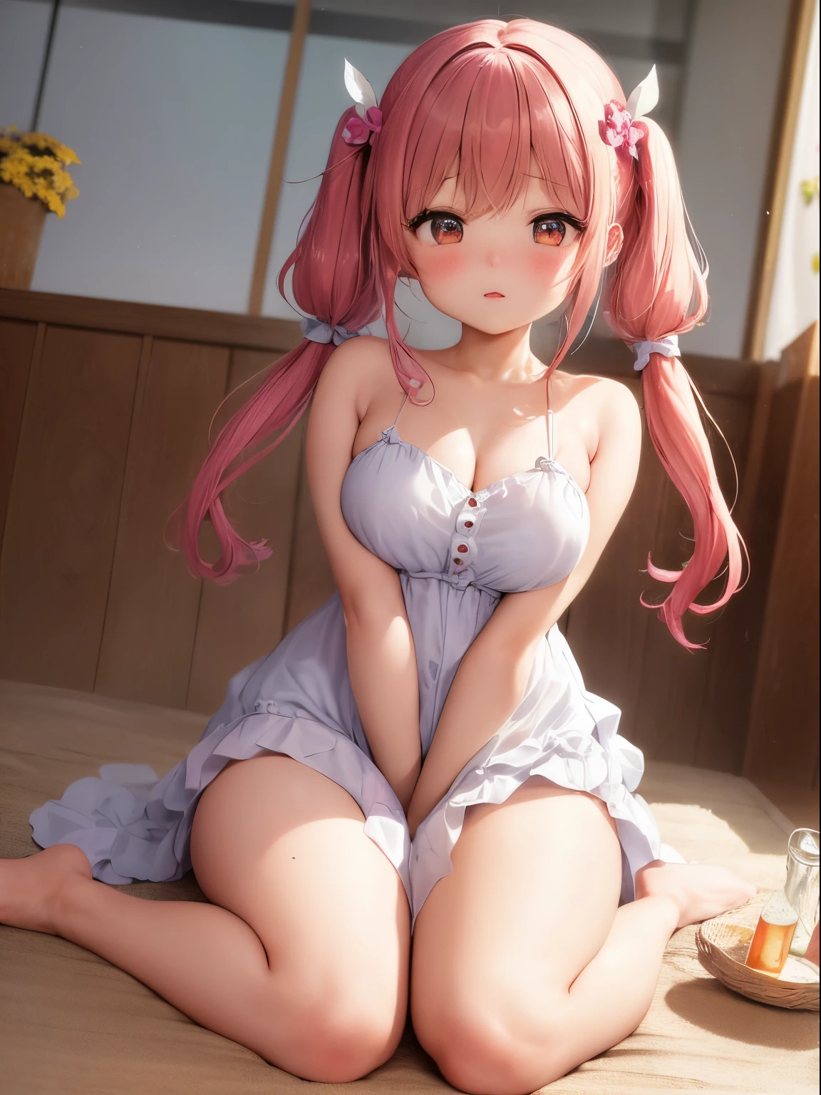 ((SD Art、cute little、Chibi Character))、masterpiece、hight resolution、细节、真实感、Best Quality、beauitful face、Sauce order、Moisturized lips、22year old、Floral hair ornament、Colorful short twin tails、Embarrassed look、slightly larger udder、round protruding buttocks、Slightly chubby thighs exposed.、full body Esbian、Clear skin、upper floor view、Awesome Highlights、Very affectionate love relationship、Innocent、agitation、Opening legs、bare-legged、doggy style、Standing、colorfull dress、Capture magical moments with dynamic angles、Be enchanted by its amazing beauty、
