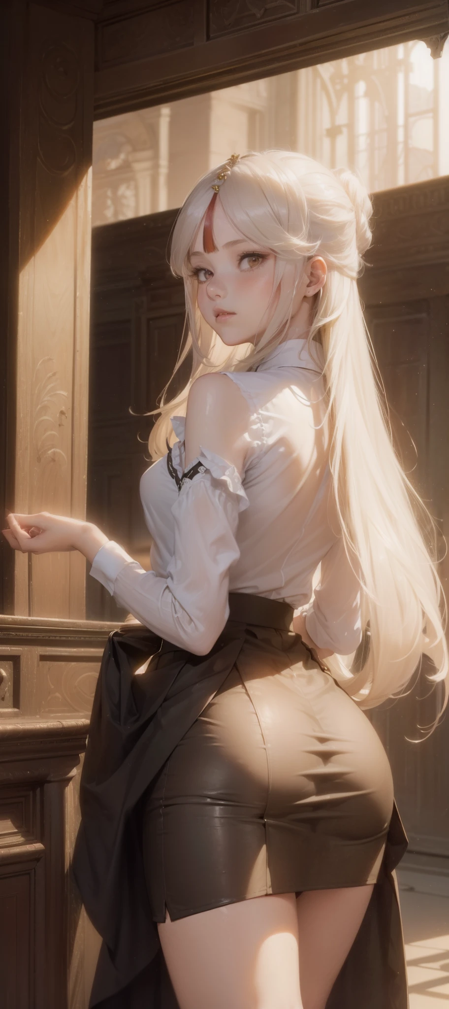 (1girl:1.3), (photorealistic:1.4), (masterpiece, top quality, best quality, official art), extreme detailed, highest detailed, (ultra-detailed), ((an extremely delicate and beautiful)), cinematic light, contemporary,
silky long hair,
she standing at the station, in evening,
shirt, long skirt, pantyhose,
upper body, from above,
shy, blush, (looking back:1.4), (skirt lift:1.4),