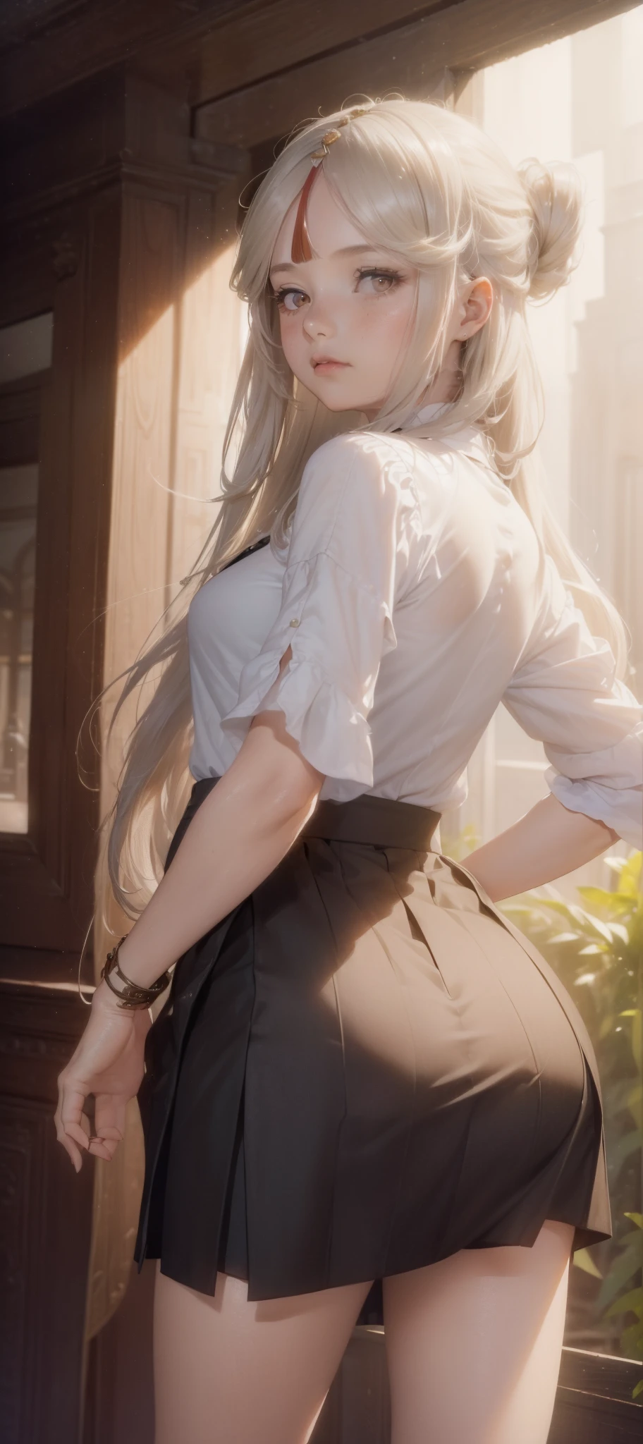 (1girl:1.3), (photorealistic:1.4), (masterpiece, top quality, best quality, official art), extreme detailed, highest detailed, (ultra-detailed), ((an extremely delicate and beautiful)), cinematic light, contemporary,
silky long hair,
she standing at the station, in evening,
shirt, long skirt, pantyhose,
upper body, from above,
shy, blush, (looking back:1.4), (skirt lift:1.4),