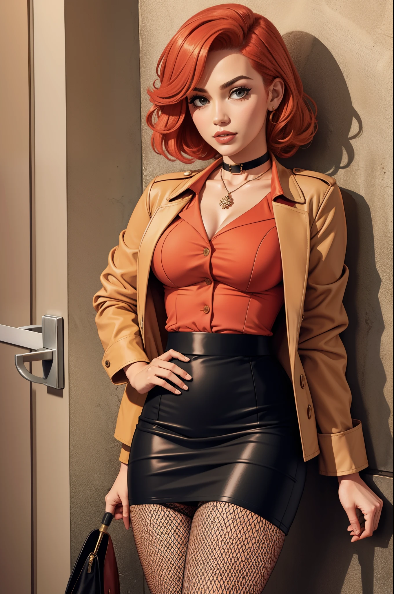 coral hair, shirt, jacket, garter belt, pencil skirt, camel toe, choker, fishnet stockings