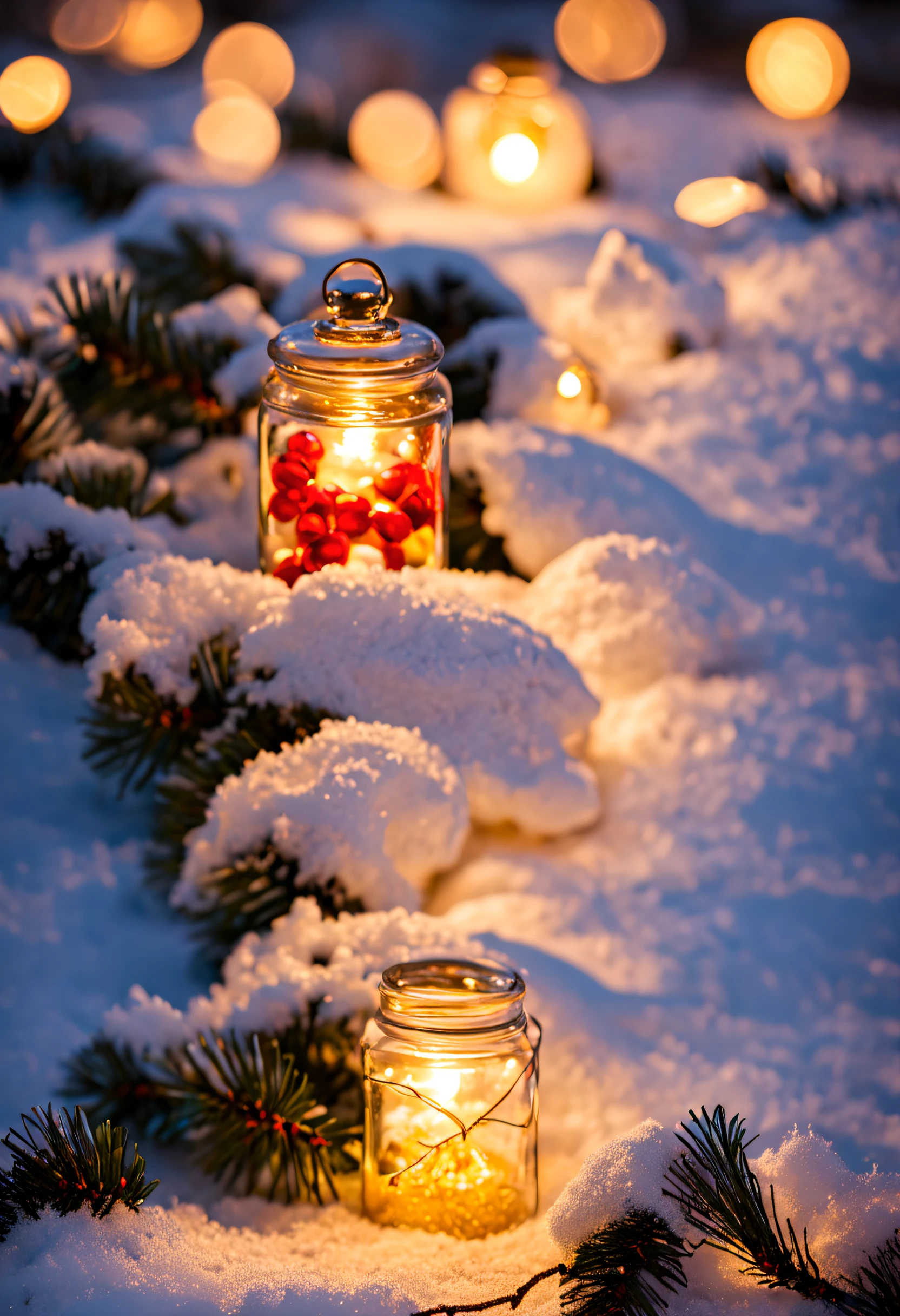 professional photography christmas decoration, Garland, snow and fir branches, warm light, feeling of warm memories and Christmas