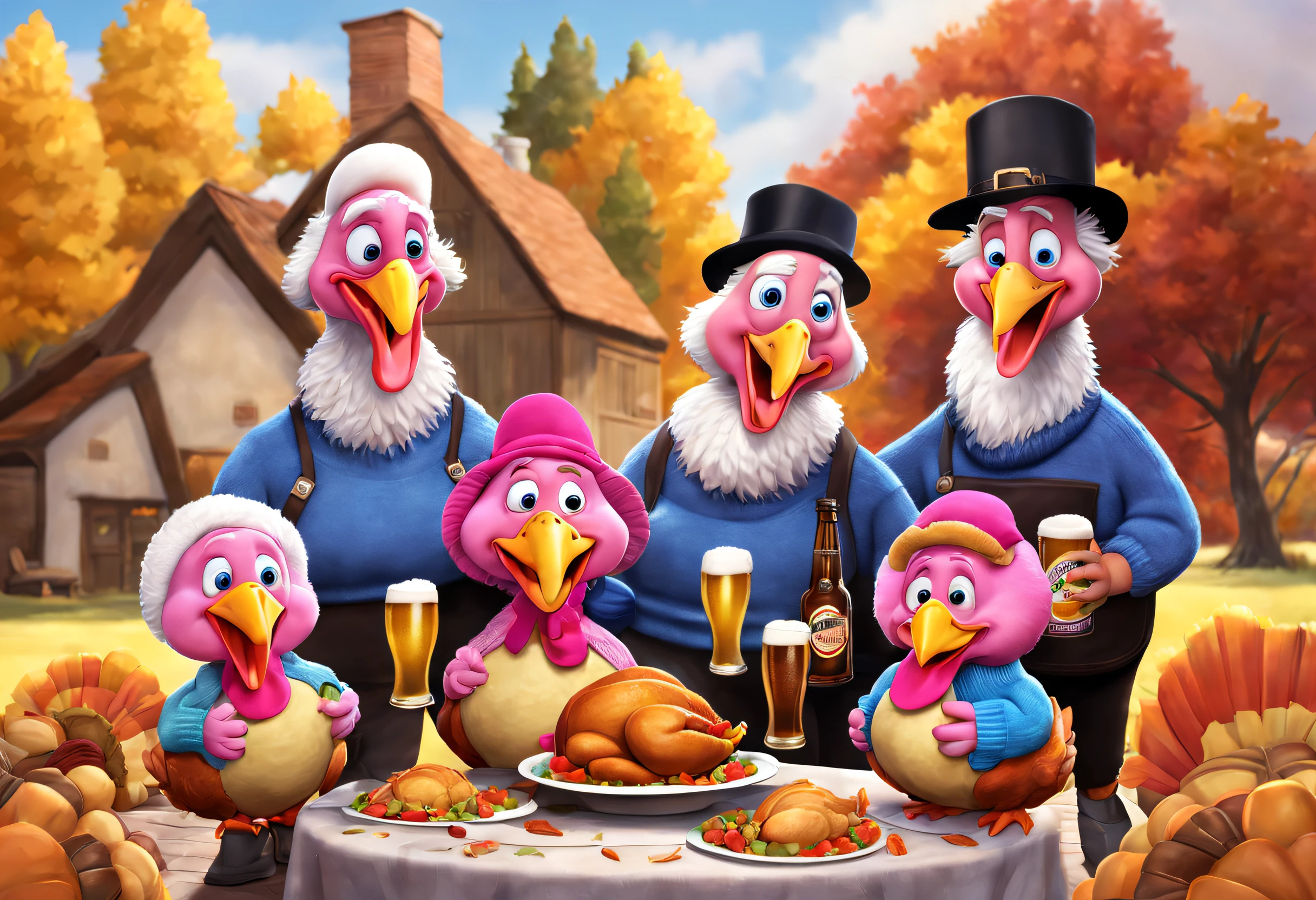 Cute family of six turkeys celebrating Thanksgiving,lots of beer, Turkish grandpa and dad wearing blue sweaters,grandma wearing yellow sweater,Mom wears pink sweater,Colorful little turkey,Foam rising from a large beer bottle,3 Rendering, Focus sharp, ultra-realistic realism, Fluffy, fantasy engine, 5 quality rendering, 3 Rendering, furry art,Brand advertising, Creative poster,Produced by Pixar,