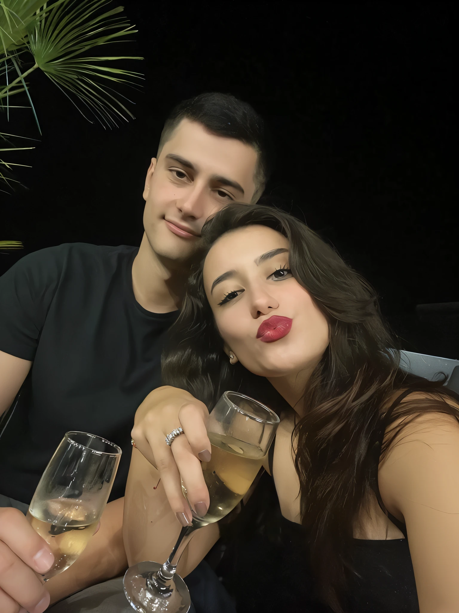 Disney pixar 3D couple sitting and drinking prosecco at night,the girl has red lipstick doing the duck face and the guy has dark brown hair