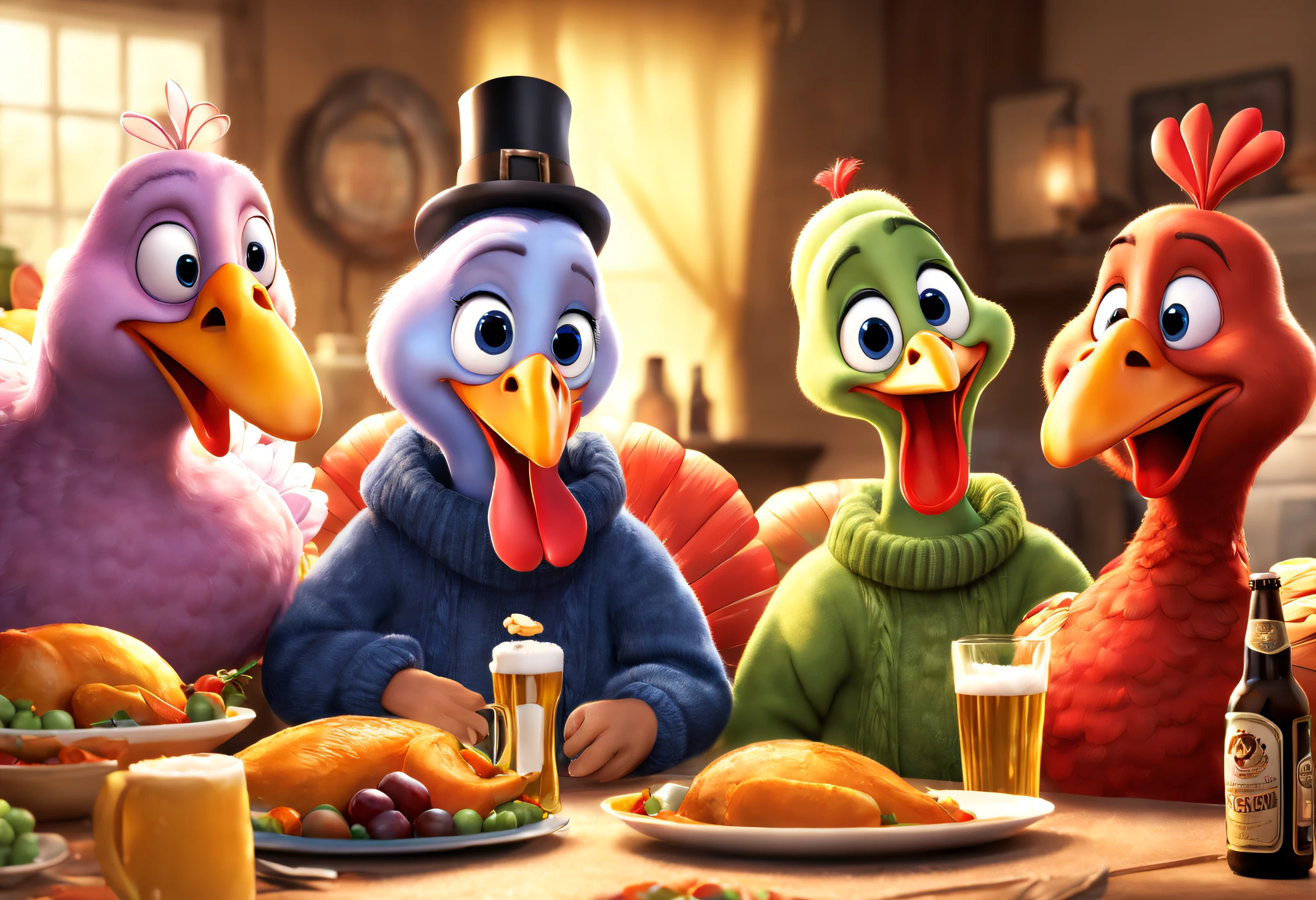 Cute six turkeys celebrating Thanksgiving together,lots of beer, Grandpa wearing blue sweater,Dad in green suit,grandma in yellow dress,Mom wears pink sweater,Little turkey in red dress,Brother in brown sweatshirt,rising bubbles,3 Rendering, Focus sharp, ultra-realistic realism, Fluffy, fantasy engine, 5 quality rendering, 3 Rendering, furry art,Brand advertising, Creative poster,Produced by Pixar,