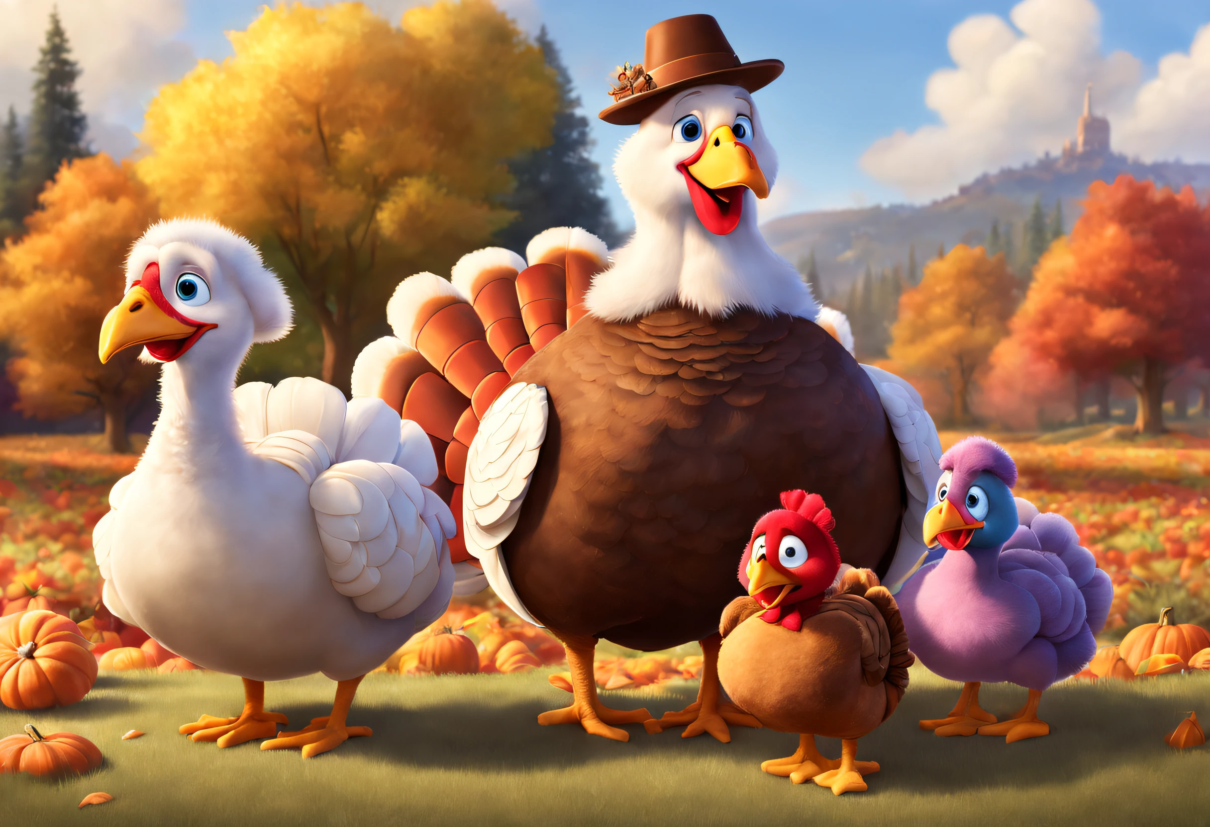 Cute six turkeys celebrating Thanksgiving together，lots of beer， Grandpa wearing blue sweater，Dad in green suit，grandma in yellow dress，Mom wears pink sweater，Little turkey in red dress，Brother in brown sweatshirt，rising bubbles，3 Rendering, Focus sharp, ultra-realistic realism, Fluffy, fantasy engine, 5 quality rendering, 3 Rendering, furry art,Brand advertising, Creative poster,Produced by Pixar，