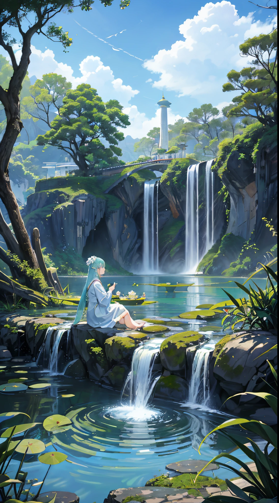 winning artwork,Lyrical,heal your mood,Soothing scenery、bamboos、lake rockery、archs、rockery、that tree、Flowing water、scenecy、luring、waterfall man、grassy fields、Rochas、water lilies、small stream、lotus flower、themoon、hot springs、、Epic work、Luzes Realistas、High definition details、tmasterpiece、Best quality,(The is very detailed的 CG unified 8k 壁纸),(Best quality)