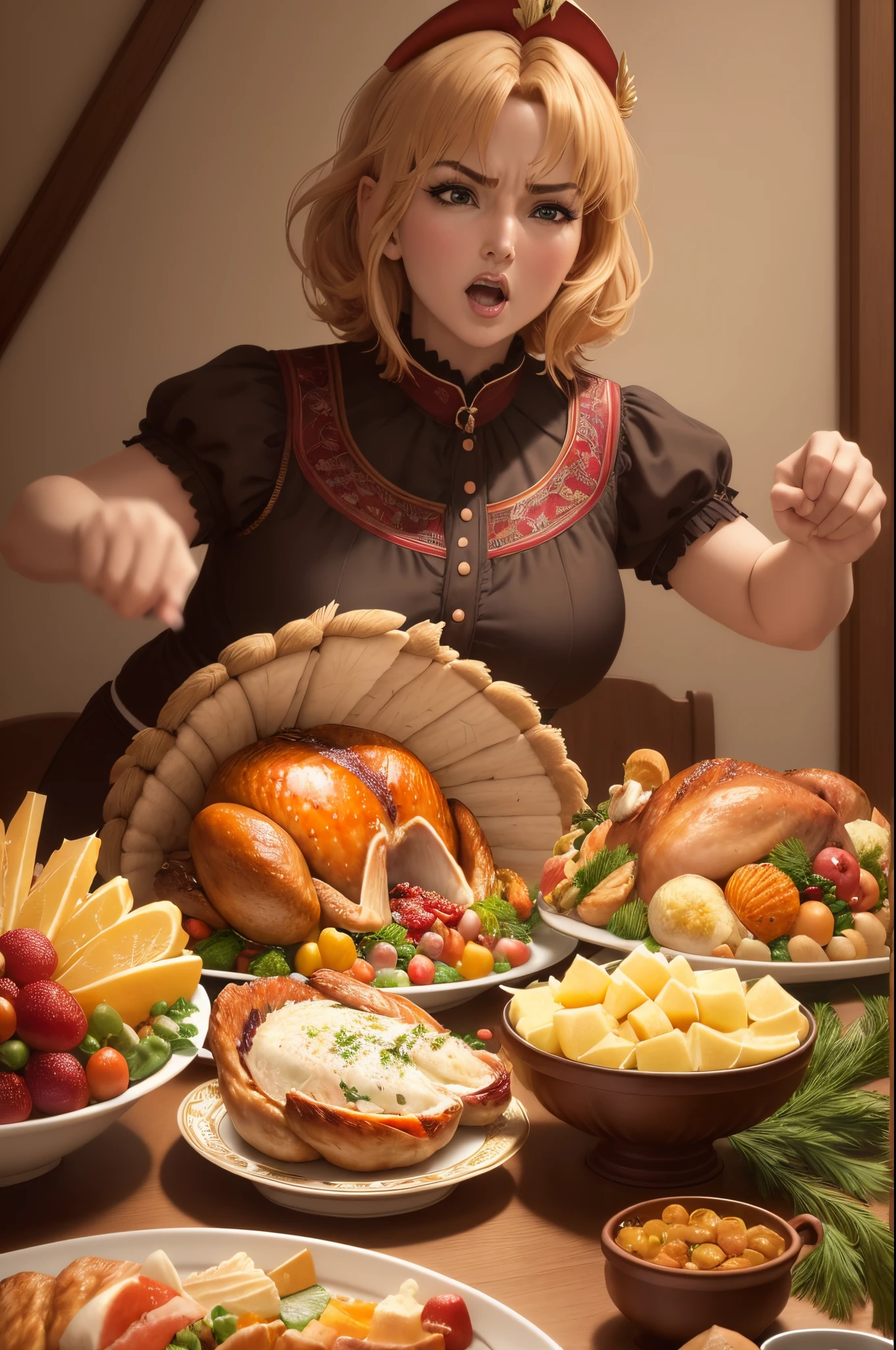 beautiful busty eating ((whole roasted turkey) dishes), fully clothed, brown hair, gigantic breasts, giga_busty.