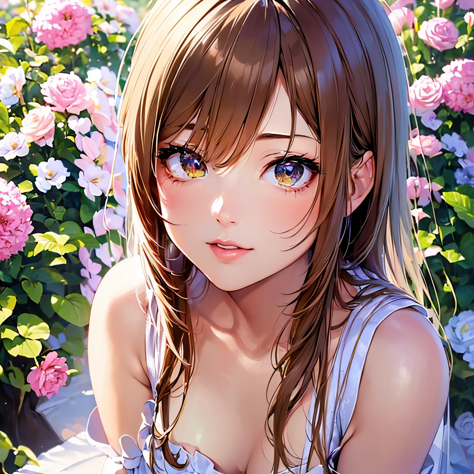 Lying on my stomach on (the Flower field of astragalus in full bloom:1.2), Smiling woman