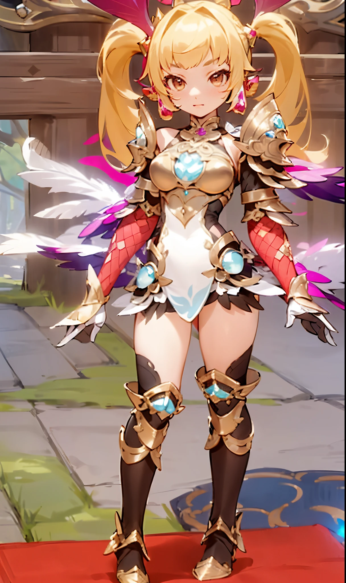 ((Masterpiece, Highest quality)), Detailed face, CharacterDesignSheet, full bodyesbian, Full of details, Multiple poses and expressions, Highly detailed, Depth, Many parts,Beautiful paladin,Holding a shield,double-ponytail,estilo fantasia,Orange caramel,Extremely beautiful,High Balance, Natural light, Lace,lacepantyhose,Sunny décor,Star decoration