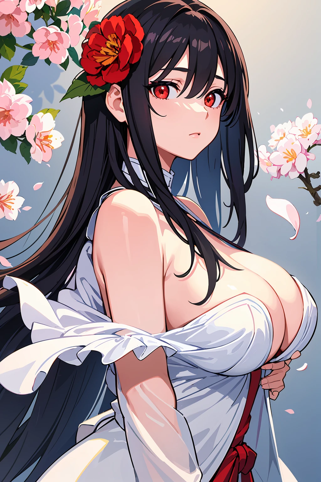 (tmasterpiece:1.2, Best quality at best), (Delicate and beautiful eyes: 1.2), ((1个Giant Breast Girl)), ((Alone)), (red eyes:1.4), (Detailed eyes and detailed face:1.3), (Beautiful clear background:1.2), (extremely detremely detailed CG, ultra - detailed, The best shadow:1.1), ((depth of fields)), ((aquarelle)), (their:1.5), (komono:1.3), Large breasts, exposed bare shoulders, flowers and petals, Beautiful concept map, (white backgrounid:0.5), (illustratio:1.1), (Extremely Delicately Beautiful:1.1), (Perfect details:1.1), From the side Side, cow boy shot,