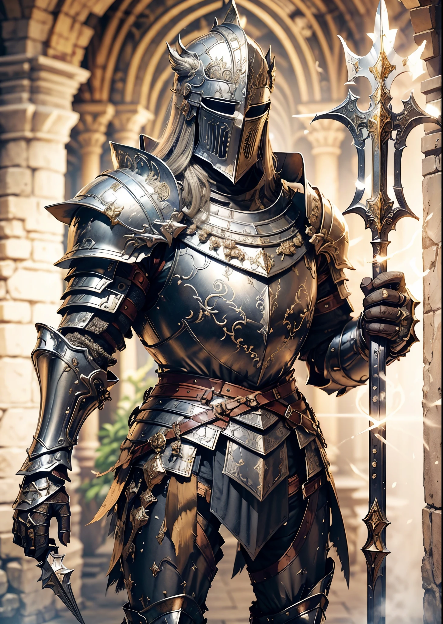 Silver mask，holy paladin，With a spear，Heavy armor