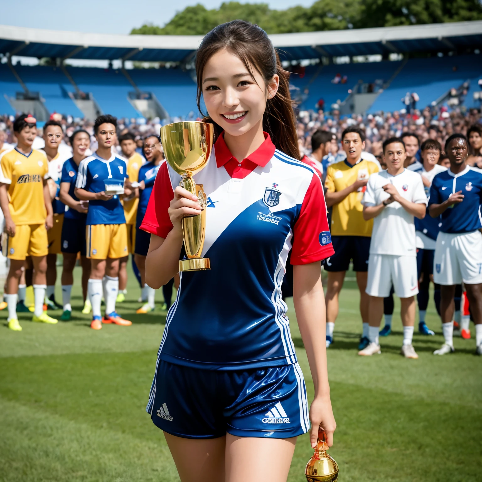 (top-quality、masutepiece、in 8K、Top image quality)、((1 French beauty、one french man、Face of the French))、(Blue soccer uniform with white and red accents:1.4)、(Uniforms with professionally designed colors、The most stylish uniforms designed by professionals:1.3)、French flag on the chest、(with perfect shiny golden trophy:1.5)、(hold the trophy correctly:1.5)、Golden Gorgeous Championship Trophy、Complex Golden Trophy、The golden glow of the trophy、The biggest smile for us、Football uniform with short sleeves and shorts、The biggest smile that stares at you,The background is the spectator seats of the soccer field,large full breasts、Blurred crowd of people in the background、Emphasis on the chest