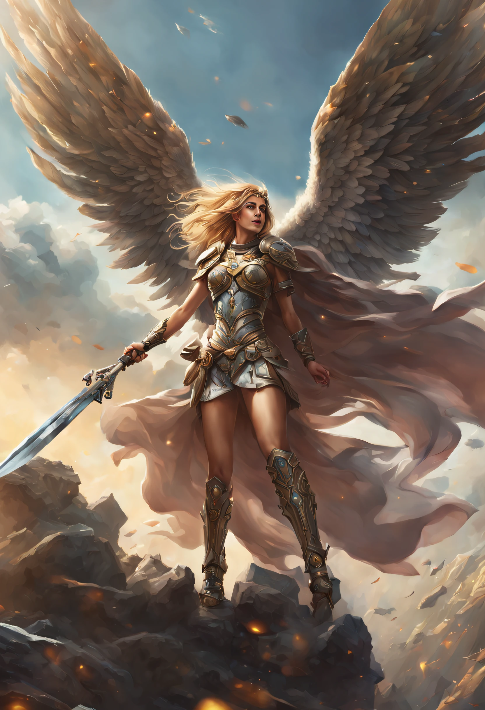 Wide angle, full length, A (Valkyrie is amazingly beautiful) arms holding a sleeping male soldier in modern war equipment, flying to Valhalla, after (glorious battle, epic), excellent, awe, Beautiful, very detailed, well painted facial features, best quality, sacred, prismatic similar colors, dynamic composition, exquisite, movie lighting, sublimation, eye-catching scenes, the image is clear and sharp, surreal, (petals in the air)