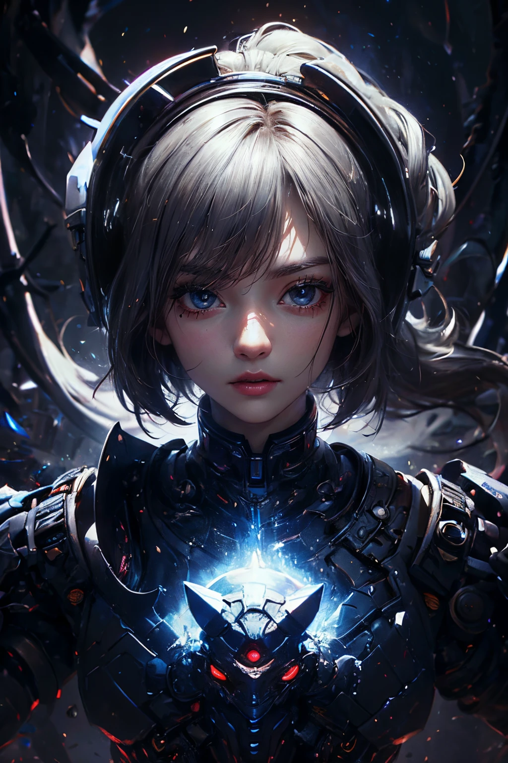 CG Mecha, Beautiful eyes, ((Two people))、Upper body, （Mechanic Armor）、40ＭＭPhotographed with a lens, Portrait,jet suit、flying though the air、patrol、 police officers、flawless、Neon light, 8K, raw, Best Quality, masutepiece, 超A high resolution, Colorful, (medium wide shot), (Dynamic perspective), foco nítido , (depth of fields, Bokeh:1.3), extremely detailed eye and face,ninjartist, Beautiful detailed eyes、Black gold, Trimmed gear:1.2), ((masutepiece, Best Quality)), Detailed background, Inside the spacecraft、Hold your weapon、（Gray hair）、brue eyes、poneyTail、bio luminescent、Crescent、Fantasia,​masterpiece,connected to the plug、spectrum、the chaos、Large robots、Kaleidoscope、detailed gear