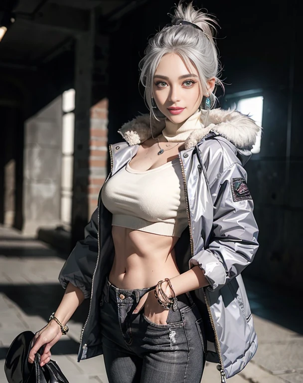 Masterpiece, 8K, photorealistic, ultra realistic, (1girl, solo),
_
the most beautiful, European ig model, 24 years old, 170 cm, (((large breasts:1.2))), ((slender waist, toned thighs, toned arms):1.3)), ((small head, small face, small mouth:1.3)), baby Face, small nose, Sharp Faceline,
_
BREAK ((big eyes, Double eyelid, tareme, droopy eyes):1.3), ((smile, small lips, teeth:1.3)), (mole under eye:1.2), (Perl White teeth), ((gray hair)), (short hair, ponytail), asymmetrical hair, (Aqua eyes:1.4), light makeup, thin eyebrow, shiny skin, detailed skin, detailed face, (detailed face skin), perfect eyes, (detailed eyes:1.3), shiny hair, ultra-detailed fingers,
_
BREAK (standing:1.4), (under body, dynamic angle, wide shot):1.4), from below, look at viewer, (Focus foot:1.3),
_
BREAK (black theme and White), in the night, Inorganic, Inorganic concrete studio with window, small window, gray concrete block, highly, blur, blur background, front lightning, Cinematic lighting,
_
BREAK ((Gray fur down jacket elegant adorned, The down jacket features a hood :1.2)), (underneath turtleneck knit exudes feminine grace), BREAK ((Paired with high-waisted denim pants)), ((this ensemble highlights and complements the figure, achieving a harmonious blend of warmth and refined fashion):1.3), ((silver earring, silver bracelet, silver necklace):1.2), raw photo,,