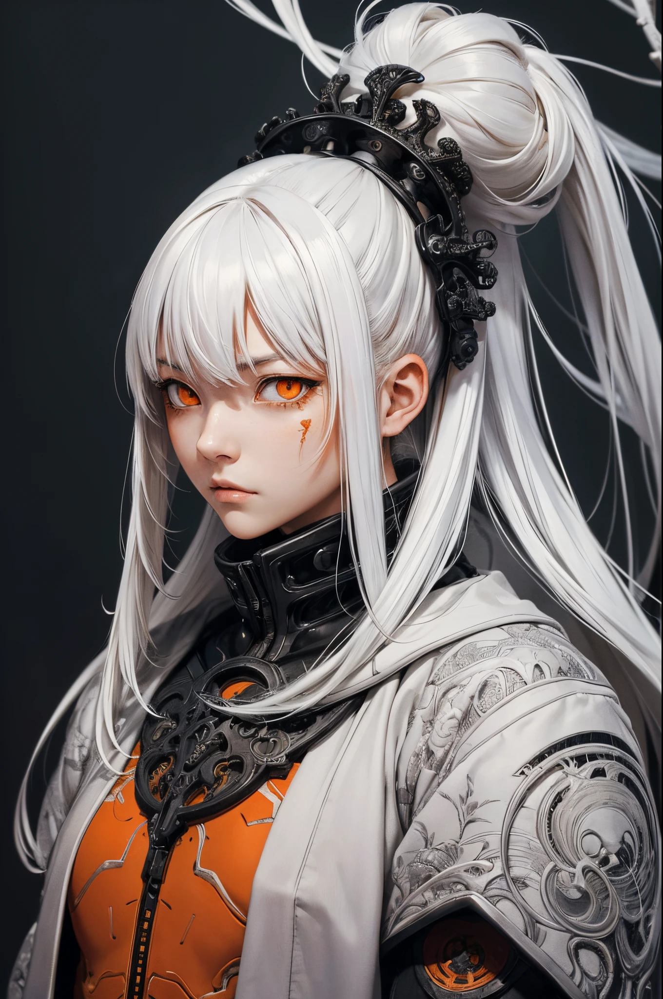 style of Tsutomu Nihei,(incredibly absurdres, (high resolution:1.18), intricate detail, (masterpiece:1.1), (highest quality:1.1), absurdres),(1girl, portrait, white hair, orange eyes, long hair, detailed eyes),