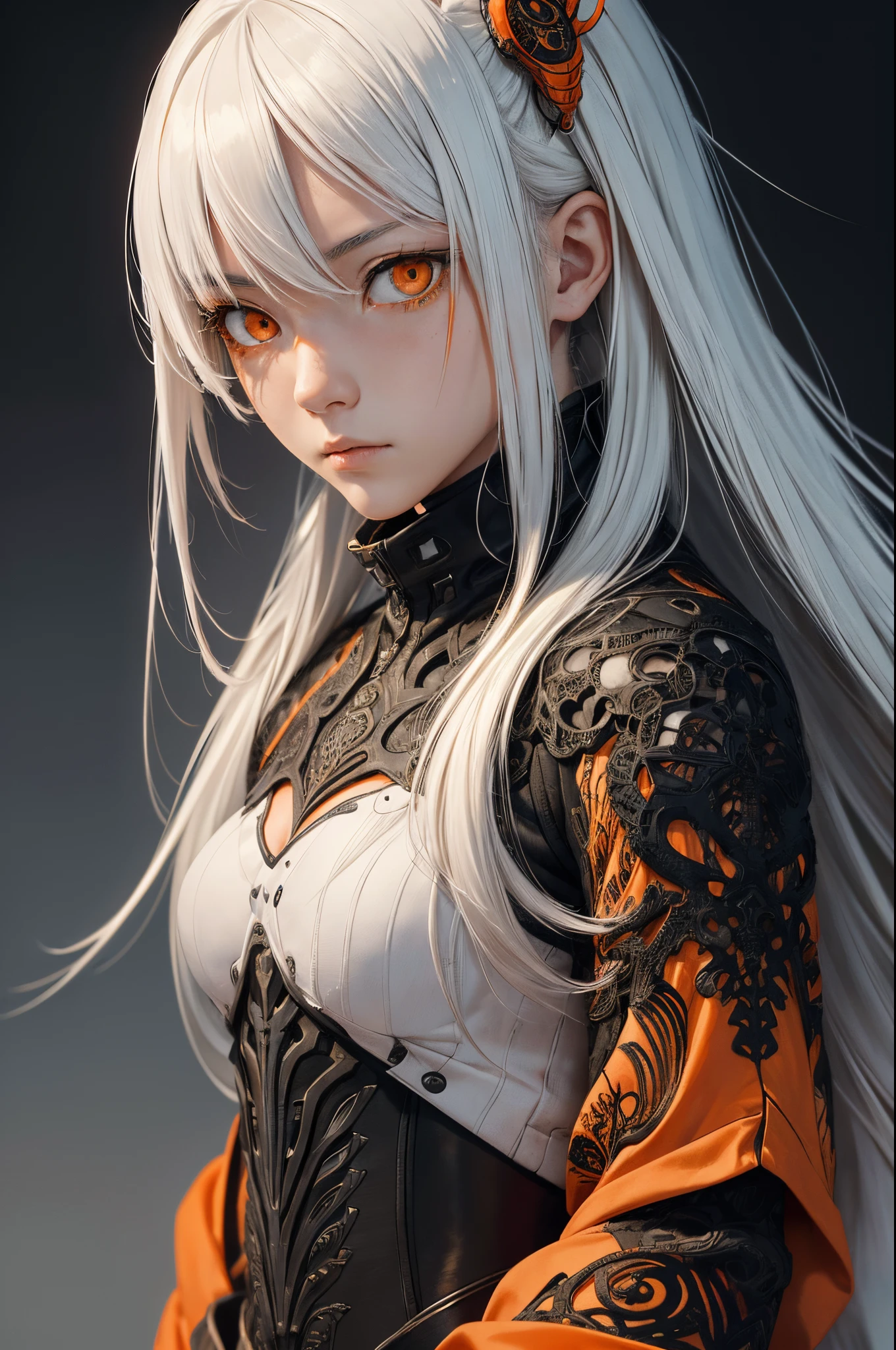 style of Tsutomu Nihei,(incredibly absurdres, (high resolution:1.18), intricate detail, (masterpiece:1.1), (highest quality:1.1), absurdres),(1girl, portrait, white hair, orange eyes, long hair, detailed eyes),