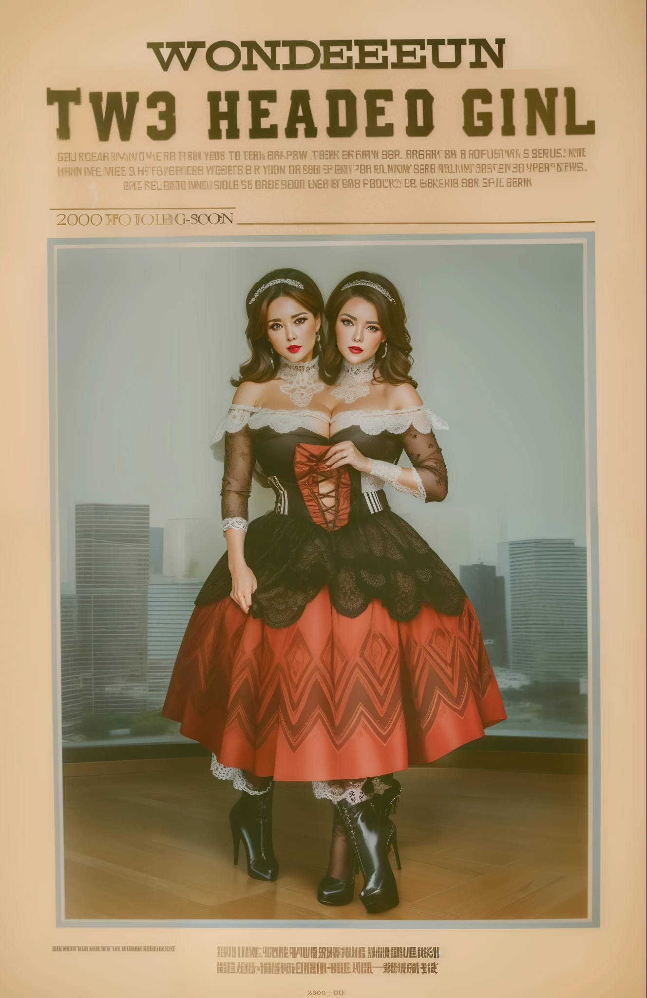 2 heads,Photo of a 50-year-old woman with brown hair, a captivating gaze, Brown eyes, Wrinkles on her face, Black pantyhose,Black High Heel Boots,she wears very sexy white underwear、、Revealing her large sagging breasts, Light makeup and red lips. 32K