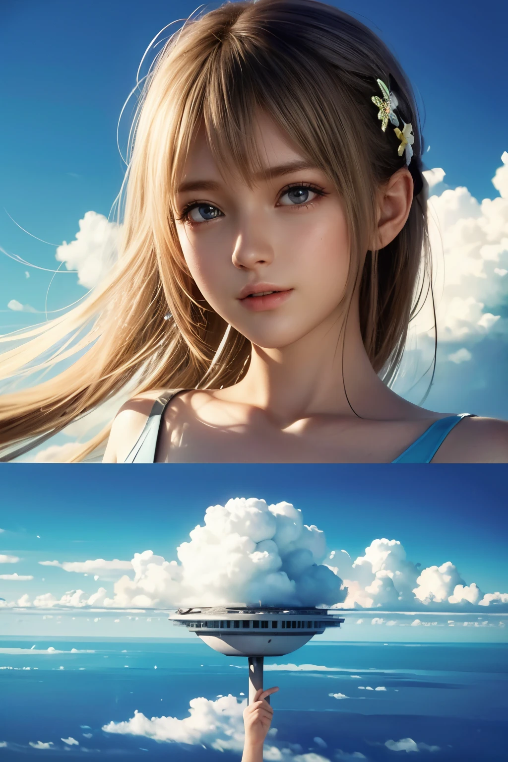 masterpiece, best quality, movie still, 1girl, floating in the sky, cloud girl, cloud, (close-up:1.1), bright, happy, fun, soft lighting, (Bauhaus, shapes, lines, abstract:1.1)