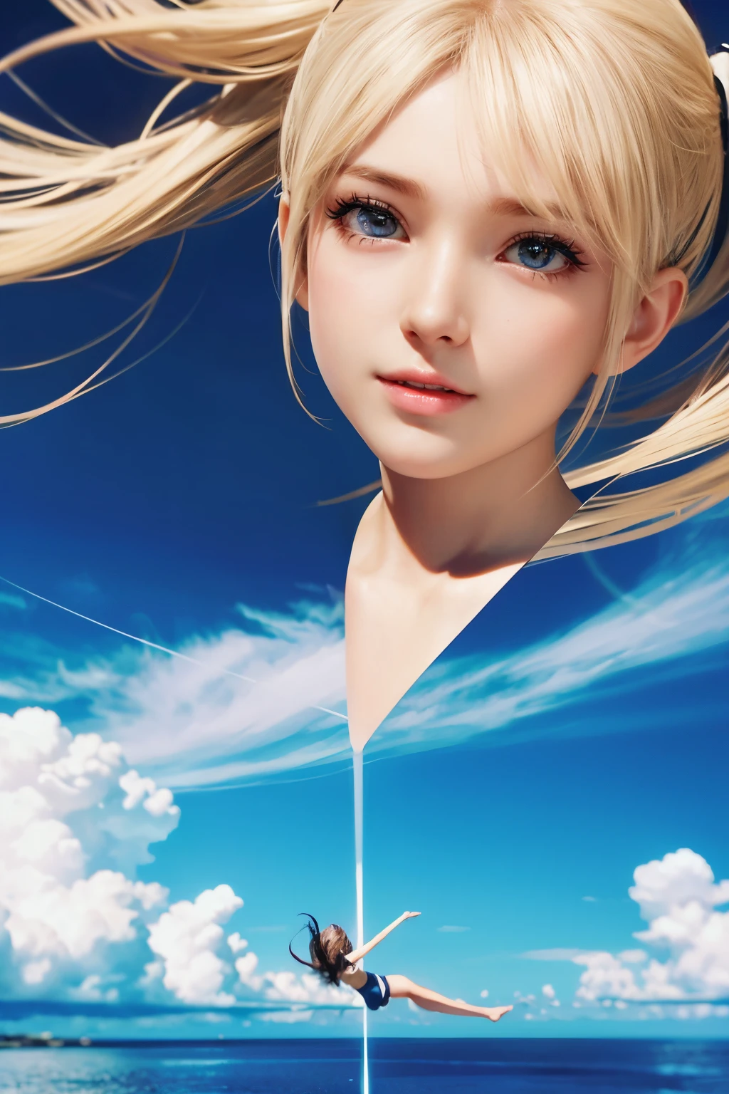 masterpiece, best quality, movie still, 1girl, floating in the sky, cloud girl, cloud, (close-up:1.1), bright, happy, fun, soft lighting, (Bauhaus, shapes, lines, abstract:1.1)