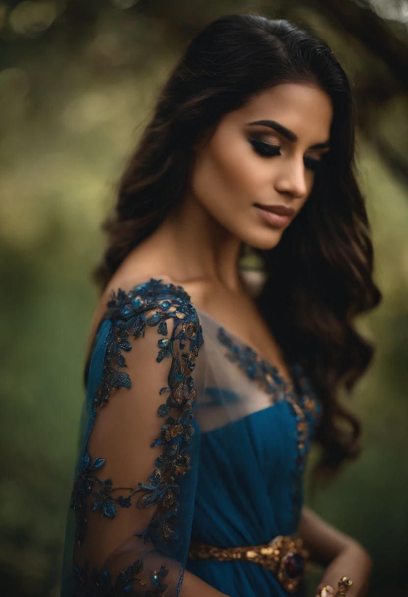 chica con pelo azul largo y vestido transparente negro